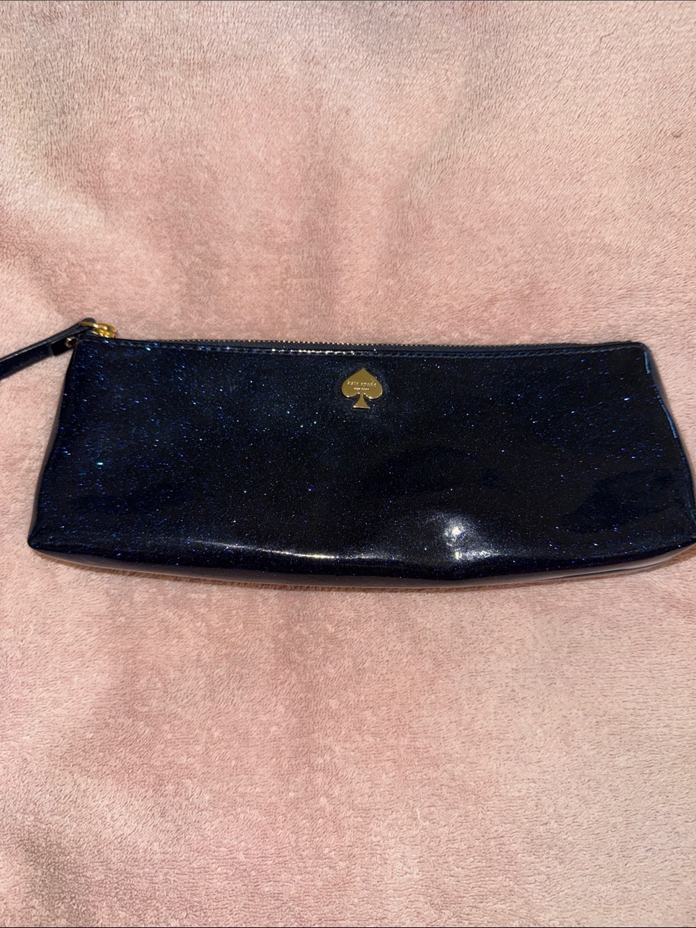 kate spade Navy Blue Glitter Patent Pencil/Cosmetic Bag with Gold Spade Logo